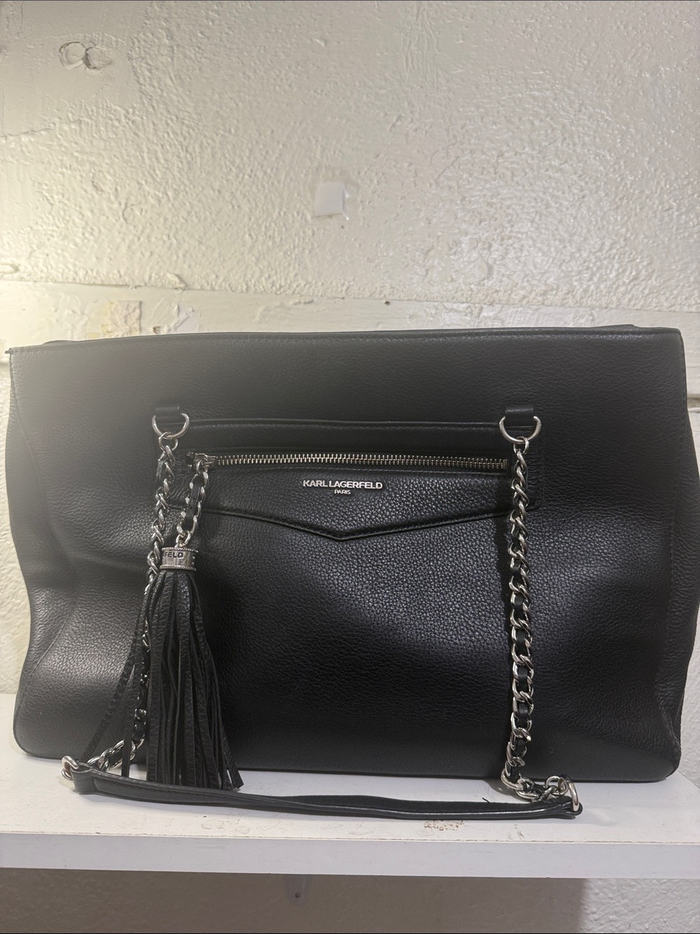 Karl Lagerfeld Black Pebble Leather Shoulder Bag with Tassel